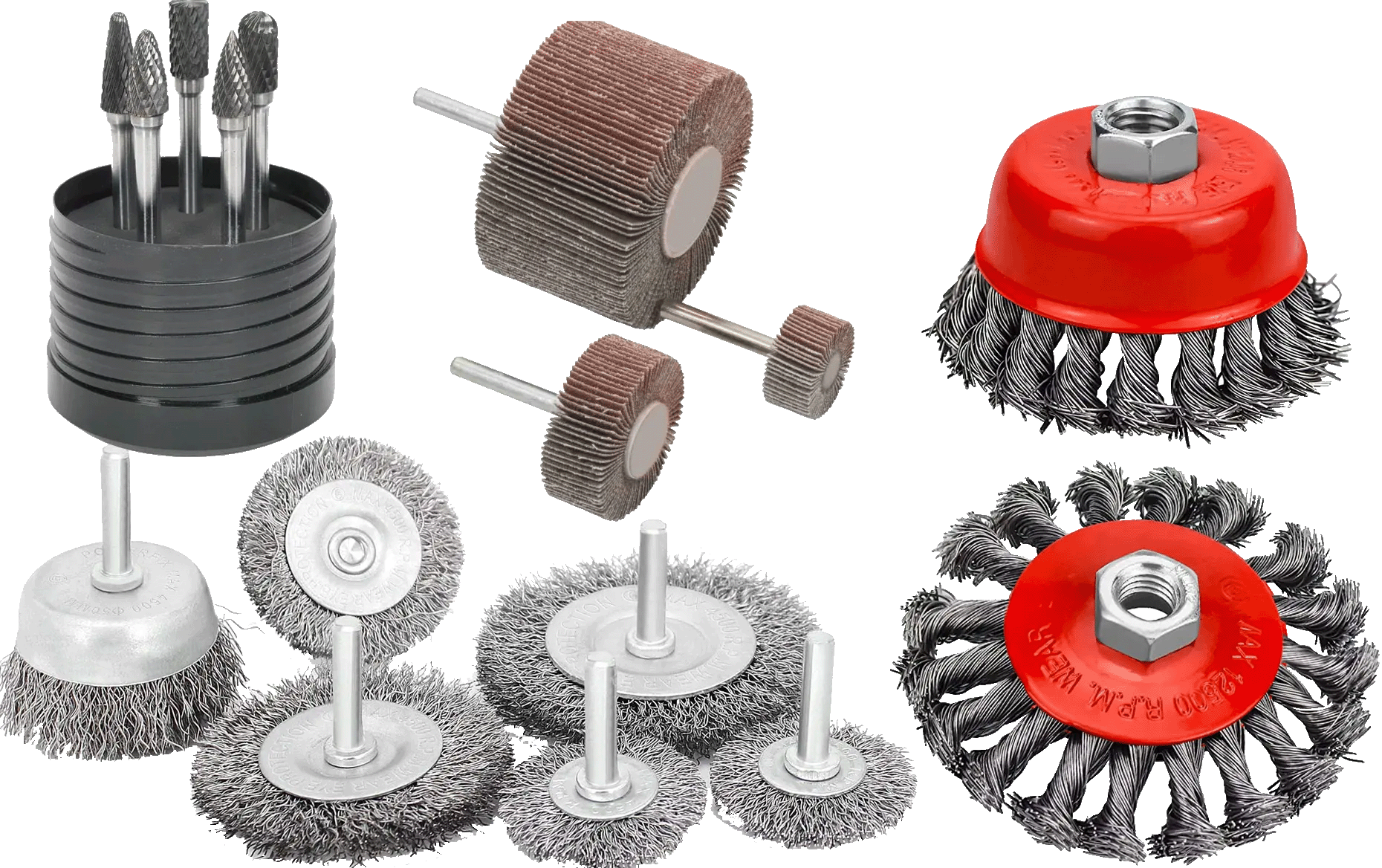 Carbide burrs, Sanding flap wheels on a 6mm shaft, wire wheels on a 6mm shaft, 100m beveled twist knot wire wheel, 75mm twist knot cup wire wheel